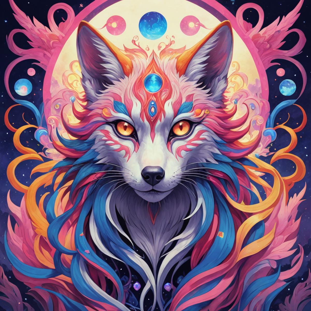 An artistic illustration of a fox with a blue and pink mane and a moon in the background.