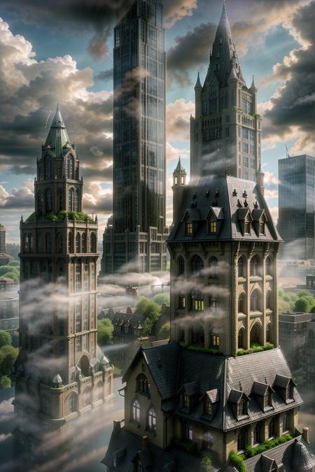 outdoors, sky, cloud, water, tree, no humans, window, sunlight, cat, cloudy sky, grass, plant, building, steam, scenery, smoke, city, fantasy, cityscape, house, bridge, castle, skyscraper, tower, fog, chimney