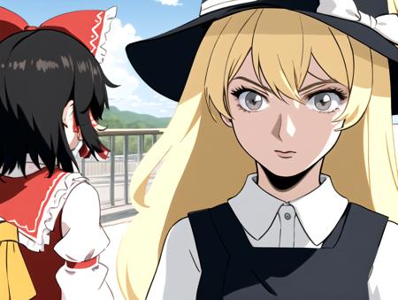 best quality, 2girls,
ADDCOMM
 hakurei reimu, hakurei reimu \(cosplay\), black hair, 
ADDCOL
 kirisame marisa, kirisame marisa \(cosplay\), blonde hair, hat, long hair, wind, surprised, 
<lora:what_a_man_v010:1>