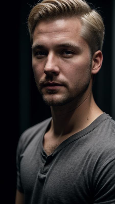 selfie portrait photo straight view of 32 y.o white male face only looking at viewer, wearing gray shirt, short sides medium top dirty-blonde hair, cinematic shot, very dark dramatic blind lighting 8k uhd, natural color palette