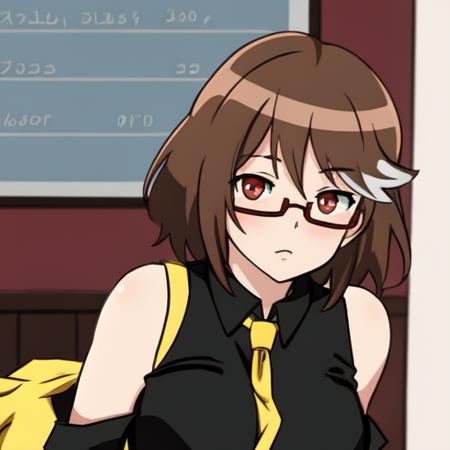 (anime), (illustration), cartoon, detailed, Lancerina,girl, square glasses, brown hair, black pants, gray hair, red eyes, yellow vest