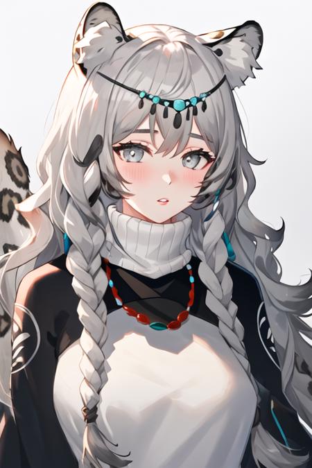 best quality, masterpiece, highres, solo, {pramanix_arknights:1.15}, long_hair, animal_ears, braid, leopard_ears, animal_ear_fluff, grey_eyes, twin_braids, bangs, grey_hair, jewelry, white_hair, necklace, tail, upper_body, turtleneck, leopard_tail, hair_between_eyes, bell, very_long_hair, 1girl, looking_at_viewer, side_braids, simple_background, turtleneck_sweater, white_background, head_chain, parted_lips, portrait, beads, blush, sweater