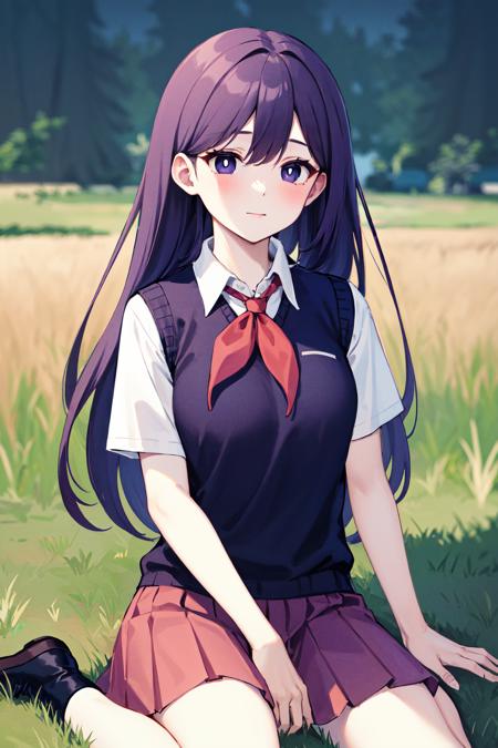 masterpiece, best quality, highres, 1girl, solo, long hair, purple hair, bangs, black eyes, bright pupils, white pupils, white skin, school uniform, red neckerchief, white shirt, sweater vest, black sweater, short sleeves, pleated skirt, pink skirt, <lora:mari_(omori)_v1:0.7>, wariza, grass, field,