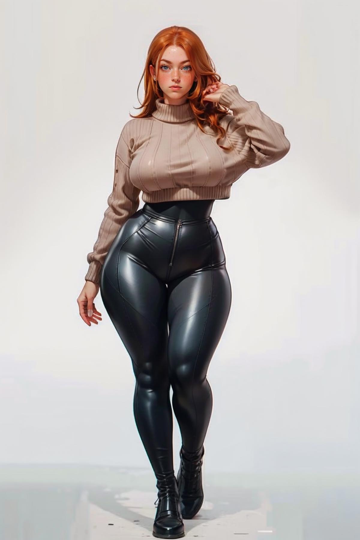 A woman wearing tight black leather pants and a brown sweater.