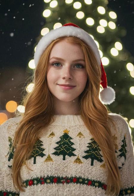 instagram photo, photo of a gorgeous 21 y.o woman, green eyes, strawberry blonde hair, long straight hair, happy, cheery, wearing a christmas sweater, wearing a christmas hat, (looking at a giant christmas tree), on a big city square, at night,  snow, natural skin, skin moles, skin pores, goosebumps, high detailed, (cinematic, film grain:1.1)