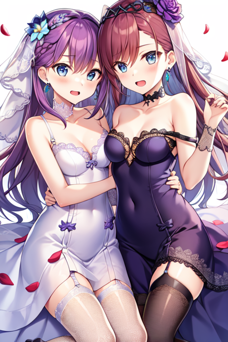 bridal, thighhighs, petals, garter straps, medium breasts, hair flower, earrings, collarbone, open mouth, blue eyes, purple hair