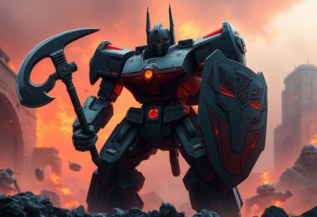 Create a fine, detailed image of a dark grey Decepticon mecha robot with a battleaxe and shield, set against a background inspired by a burial from a different dimension. Incorporate elements of a portcullis, tempest, and aliased retrofuture synthwave aesthetic. The image should have a transparent, fiery battle coloring with dark shadows, corrected faces, and a high level of realism. The style should resemble concept art by Noah Bradley, Darek Zabrocki, Tyler Edlin, Jordan Grimmer, Neil Blevins, James Paick, or Natasha Tan. Ensure the output is highly detailed, ultra-detailed, and ultra-realistic, akin to trending art on Artstation.