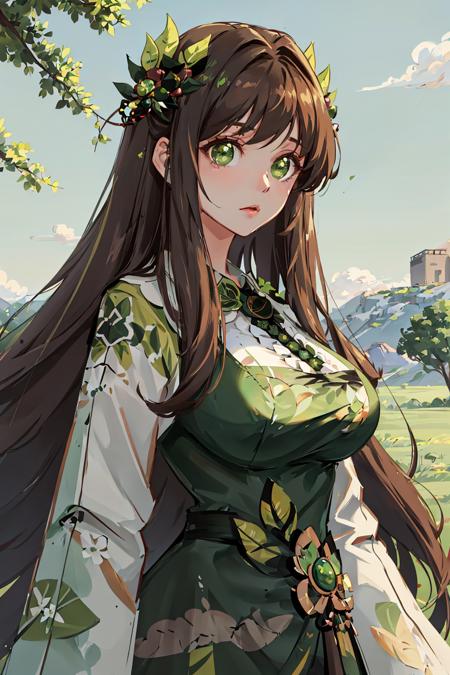 bust up, portrait,  sua, long hair, green eyes, brown hair, very long hair, large breasts, green dress, hair ornament,  grasslands background,<lora:SuaERLora2-02:0.8>