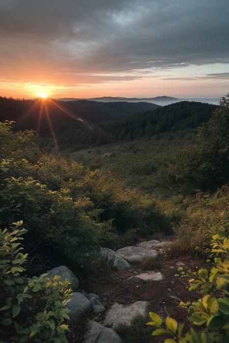 raw photo, a sunset landscape, Valdivian temperate forests, Chilean forest,  cozy, photorealistic, high detailed texture, 8k uhd, dslr, soft lighting, high quality, film grain, Fujifilm XT3, Sony A7 IV, highly detailed photography, (muted colors, cinematic, dim colors, soothing tones:1.2), vibrant, insanely detailed, hyperdetailed, (dark shot:1.2), (vsco:0.3), (intricate details:0.9), (hdr, hyperdetailed:1.2) (highest coherency: 1.39) (highest quality: 1.39) (rule of Thirds) (award winning) (breathtaking) (masterclass) (vibrant color: 0.79) (mist)