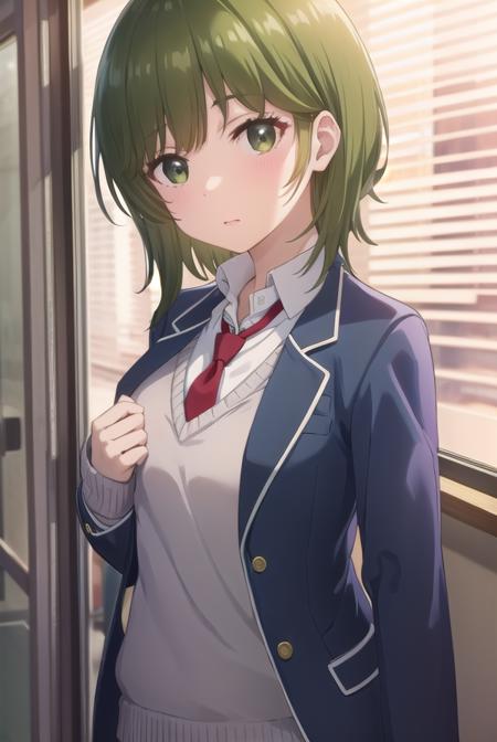 isanahigashira, <lora:isana higashira s1-lora-nochekaiser:1>,
isana higashira, short hair, bangs, (green eyes:1.3), green hair,
BREAK shirt, long sleeves, school uniform, jacket, white shirt, open clothes, necktie, sweater, open jacket, blazer, red necktie, grey sweater,
BREAK indoors, classroom,
BREAK looking at viewer, (cowboy shot:1.5),
BREAK <lyco:GoodHands-beta2:1>, (masterpiece:1.2), best quality, high resolution, unity 8k wallpaper, (illustration:0.8), (beautiful detailed eyes:1.6), extremely detailed face, perfect lighting, extremely detailed CG, (perfect hands, perfect anatomy),