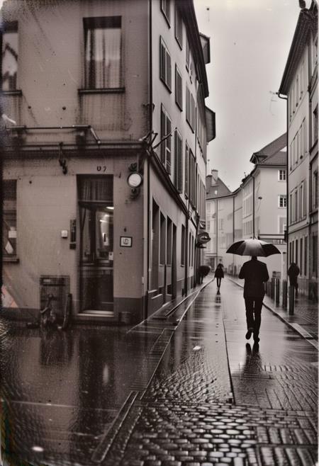 lith_agfa_broviraBN119,  instagram photo, a rainy and dark street in europe, hard shadows, film grain