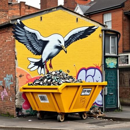 End of a building, 
This street art features a large painted seagull, cleverly integrated with its surroundings. The seagull appears to swoop down, as if about to pick up a nearby yellow skip filled with debris, which in this context resembles a pile of food or trash the bird might scavenge. The monochromatic design of the bird contrasts sharply with the vibrant yellow of the skip, drawing attention to the interplay between the artwork and the real-world objects. The surrounding urban setting, with its weathered brick wall and residential architecture, provides a gritty yet familiar backdrop. The piece blends humor and environmental commentary, highlighting the intersection of wildlife and human spaces in a striking and creative manner.
graffiti, mural, hyper-realistic, vibrant colors, bold letterforms, 3D design, urban art, intricate details, vivid gradients, sharp highlights, contrasting shadows, abstract influences, electric palette, sculptural effect
