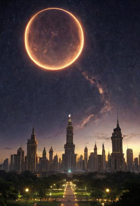 score_9, score_8_up, score_7_up, celestial promenade, the horror of stars, Luneta Park Manila, twilight sunshine, heaven help us, cityscape masterpiece, realistic, best quality, cosmic horror, Style-Volumetric, MJgothic, bright horror, s0lar