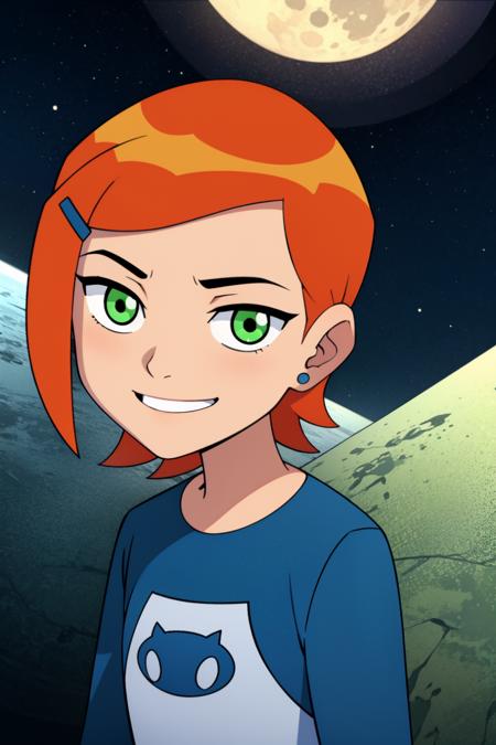  gwenclassic,1girl,solo,orange hair,short hair,hairclip,green eyes,blue shirt,raglan sleeves,white pants,looking at viewer