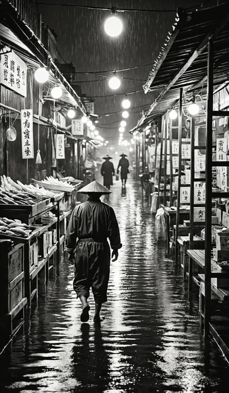 a lonley fisherman walks in rain at night through a sea food market in 1880 tokyo