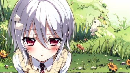 <lora:furano4:1>1girl,solo,furano_face,hair ornament,blush,furano_cloth,white hair
 jewel-like eyes,
dynamic pose,Keep your knees together,above waist,upper body, geta, 
grass, wind,sunlight, sky,warm sunlight, river behind,
colorful,warm color