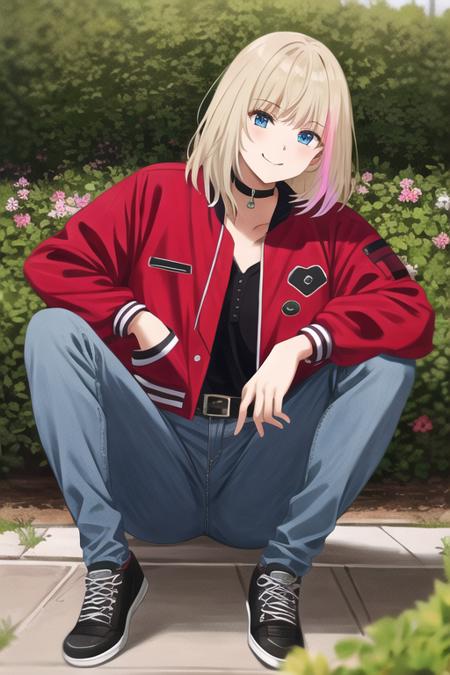 masterpiece, best quality, ultra-detailed, ray tracing, perfect lighting, (shiny skin:1.2),<lora:Kawai_rika:1> Kawaii_R ,1girl,solo, blue eyes, blonde hair, multicolored hair, streaked hair, black shirt, red  jacket, letterman jacket, open jacket,choker, shoes, pants, belt, denim, jeans, black footwear, black belt, smile, outdoors,