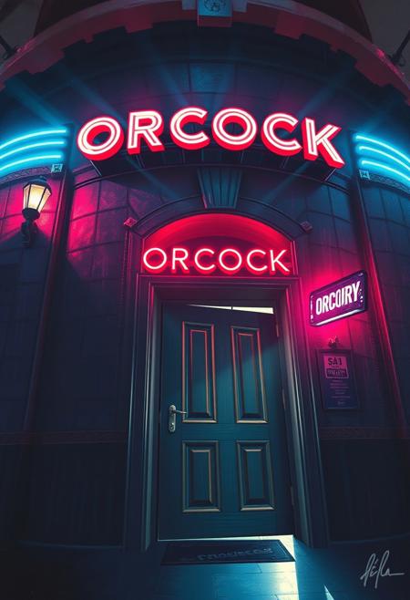 A nightclub door, focus on the door, view from below, in the style of an oil painting, scifi, cosmic, astral, ziggurat , neon spotlights, neon signs, "ORCOCK"