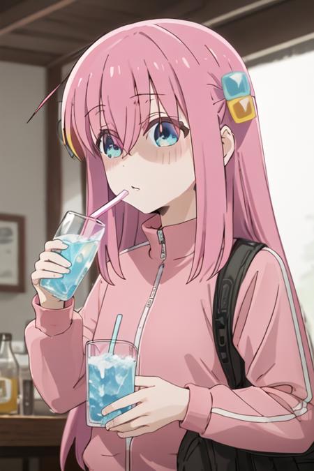 best quality, masterpiece, highres, solo, {goto_hitori_bocchitherock:1.15}, pink_hair, bangs, long_hair, hair_between_eyes, cube_hair_ornament, one_side_up, hair_ornament, blue_eyes, 1girl, cup, drinking_straw, ice, ice_cube, jacket, pink_jacket, track_jacket, upper_body, drinking_glass, drink, empty_eyes, shaded_face