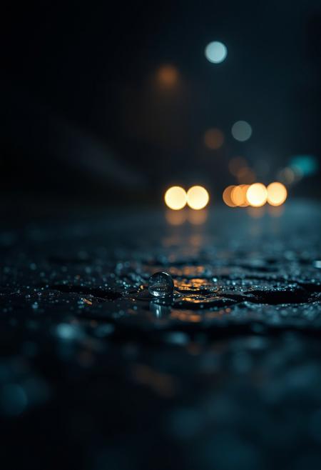 Hyper-realistic macro shot of a single raindrops resting on wet paved road, dark moody surroundings, cinematic lighting, shallow depth of field, raindrop in sharp focus, faint warm glow from distant car headlights softly reflecting in the water, night-time atmosphere, bokeh effects, ultra-detailed textures on the asphalt, photorealism