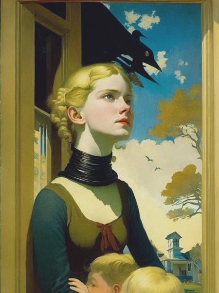 <lyco:JessieWillcoxSmith:1.0> painting of pale blonde woman with a broken neck at a suburban house, terrifying, scary and surreal, sci-fi, sci-fi poster, Jessie Willcox Smith painting