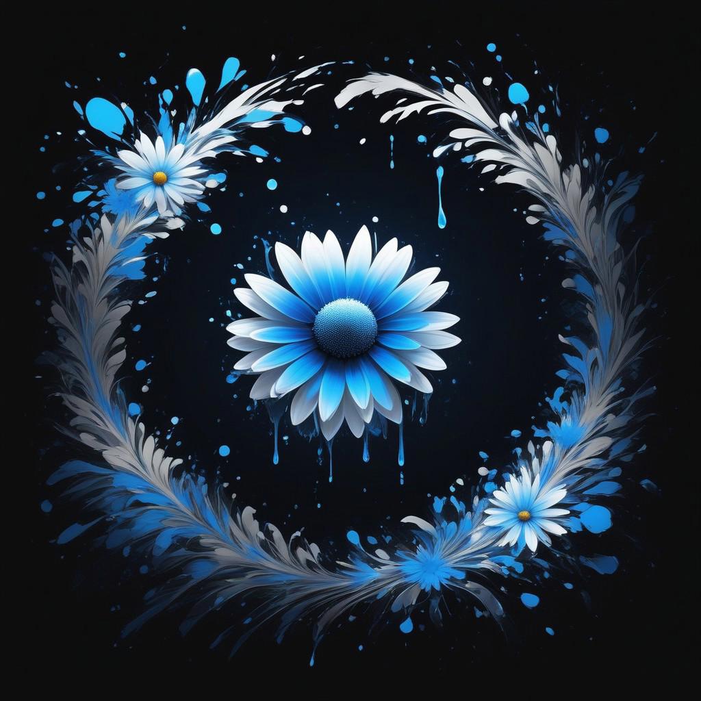 abstractzyrnox, abstract, abstract art, illustration, anime, blue and silver, black and silver, ((blue daisy), simple background, dark background), melting, detailed