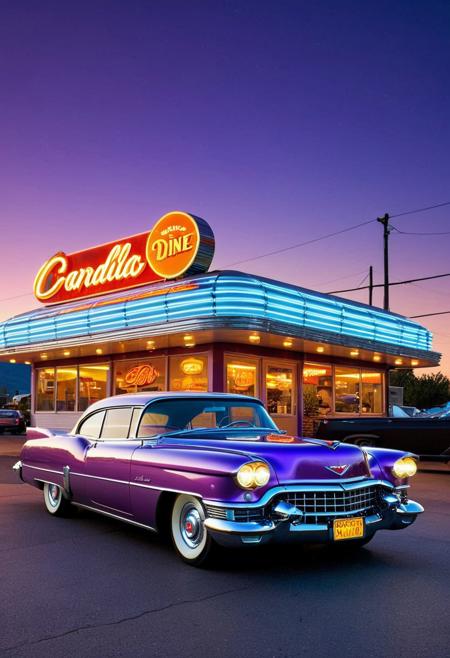 A nostalgic yet futuristic scene: a 1950s Cadillac Eldorado made of cd's, its body seamlessly crafted from reflective CDs that catch the neon lights of a classic American diner. Parked outside, the car's curves and fins are accentuated by the diner's glowing sign and the dusk sky's purples and oranges. The scene blends retro charm with avant-garde design, creating a vibrant, dreamlike atmosphere.