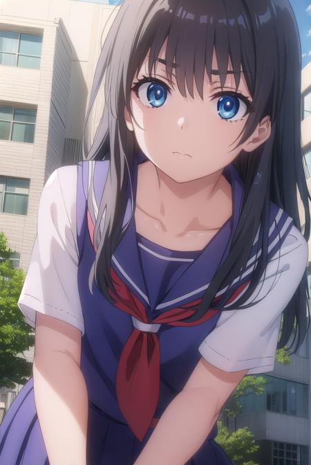 satenruiko, <lora:ruiko saten s3-lora-nochekaiser:1>, 
saten ruiko, black hair, blue eyes, long hair, hair ornament, flower ornament,
BREAK blue skirt, pleated skirt, sakugawa school uniform, school uniform, serafuku, skirt, summer uniform,
BREAK outdoor, city, sky, sun, clouds,
BREAK looking at viewer, (cowboy shot:1.5),
BREAK <lyco:GoodHands-beta2:1>, (masterpiece:1.2), best quality, high resolution, unity 8k wallpaper, (illustration:0.8), (beautiful detailed eyes:1.6), extremely detailed face, perfect lighting, extremely detailed CG, (perfect hands, perfect anatomy),