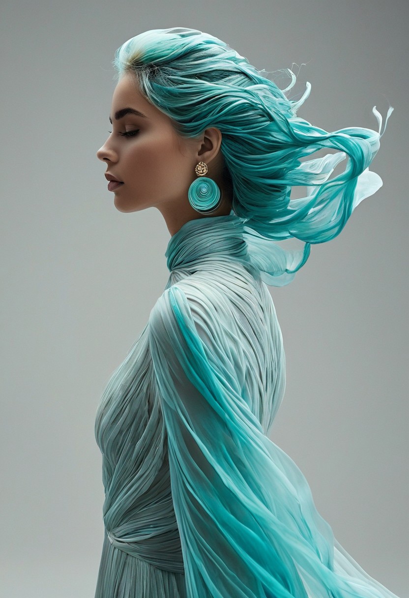 an image of a person with a flowing, sculptural hairstyle and garment that echo the movement of water. The hair and attire should be crafted with smooth, swirling patterns that extend and blend into each other, in a seamless and organic fashion. The color scheme should be a gradient of turquoise to aquamarine, set against a neutral gray background to emphasize the subject. The subject's pose should be elegant and poised, with a profile view showcasing refined features and a calm, contemplative expression. Add a detailed, ornate earring to the subject to bring an additional element of sophistication. The lighting should cast soft shadows to define the swirling forms, creating a luxurious and modern aesthetic. <lora:MJ52_v1.3:0.4>