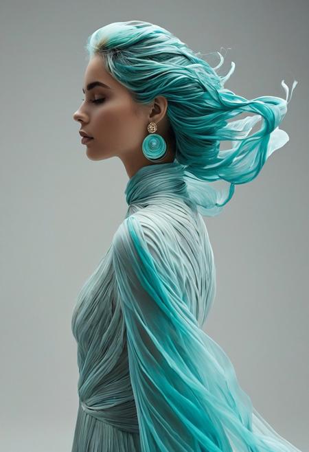 an image of a person with a flowing, sculptural hairstyle and garment that echo the movement of water. The hair and attire should be crafted with smooth, swirling patterns that extend and blend into each other, in a seamless and organic fashion. The color scheme should be a gradient of turquoise to aquamarine, set against a neutral gray background to emphasize the subject. The subject's pose should be elegant and poised, with a profile view showcasing refined features and a calm, contemplative expression. Add a detailed, ornate earring to the subject to bring an additional element of sophistication. The lighting should cast soft shadows to define the swirling forms, creating a luxurious and modern aesthetic. <lora:MJ52_v1.3:0.4>