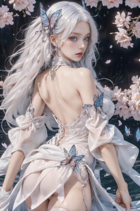 <lora:xishi-09:0.8>,masterpiece,best quality,super high resolution,best quality,4k,(Realistic:1.2),xishi,1girl,blue eyes,solo,white hair,long hair,detached sleeves,looking at viewer,dress,butterfly,white dress,thighhighs,hair ornament,lips,bare shoulders,petals,detached collar,full_shot,looking_back,