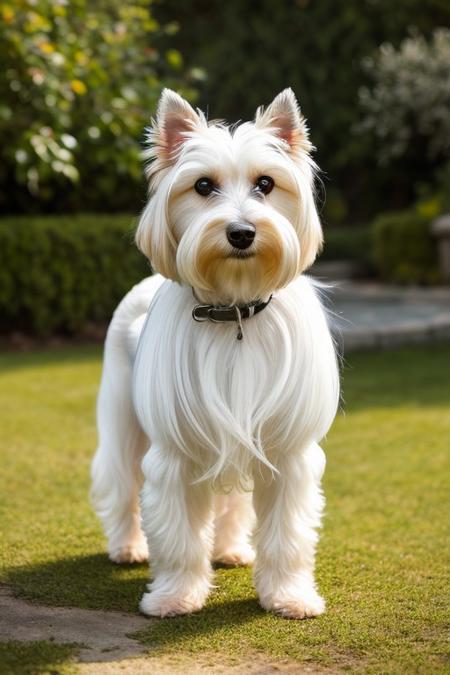 RAW photo, subject, 8k uhd, dslr, soft lighting, high quality, film grain, Fujifilm XT3, Adorable small white dog, Schnauzer with curly white fur, medium-sized, fluffy coat, curly fur, slightly wiry texture, small ears, bent ears, compact and well-proportioned body, black eyes, standing in a garden, highly detailed fur, realistic lighting, ultra-realistic, 4K resolution, photorealistic fur texture, natural shading,