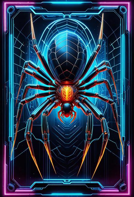 cyberpunk spider, futuristic biomechanical design, glowing neon joints, advanced AI core, armored exoskeleton, vibrant quantum energy veins, sci-fi trading card style, centered composition, sharp focus, cinematic lighting, holographic frame, digital interface elements, ultradetailed, 8k concept art, dramatic contrast, card background with neon grid and quantum patterns
, qu4ntum