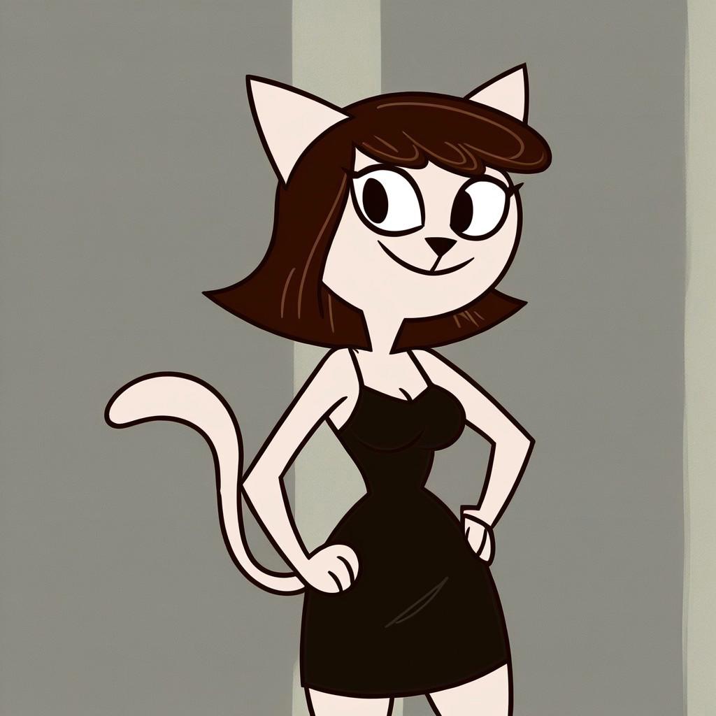 1girl, solo, anthro, furry, feline, maggie, pink fur, brown hair, a sleeveless black spaghetti strap dress, standing up, cowboy shot, smile, hands on hip, medium breast, bedroom background, looking  at the viewers, window at day