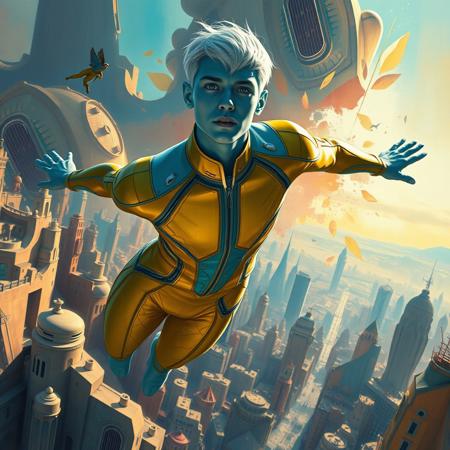 1boy, blue skinned, silver metallic short hair,  aged 30 (full body, facing camera, from below). Futuristic fashion, a golden yellow and teal  high tech bodysuit ,  it is form fitting with an open face design. the man has pale blue skin and is muscular and has an athletic  form , the hero is flying above a futuristic alien city that is very idyllic and made of numerous organic shaped buildings ,, the city behind him exploding into fractured shapes and vibrant brushstrokes. cinematic realism, modernist abstraction, vintage fashion, expressive color palette, fragmented composition, narrative surrealism, romantic noir, bold geometric forms, rhythmic patterns, textured brushwork, dreamlike tension, symbolic elements, 20th-century elegance, surreal backgrounds, abstract expression, stylized figures, visual dynamism, painterly contrast, emotional ambiguity, narrative experimentation