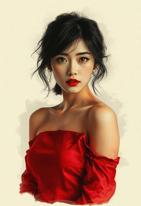 photorealistic ink poster, double exposure image, the first image is located at the top, it shows a portrait of a beautiful oriental woman in a short red dress, with disheveled hair, bare shoulders, slightly parted lips, detailed fabric, [masterpiece], [best quality], chiascuro,