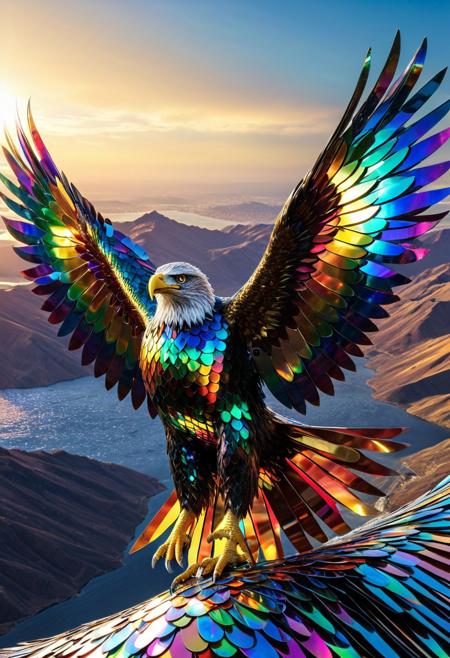 A majestic eagle made entirely of compact discs, its wings spread wide with layered CDs forming feathers that reflect iridescent rainbow colors, metallic textures shimmering in the sunlight, sharp beak and piercing eyes crafted from discs, soaring high above a futuristic landscape, dramatic lighting, hyper detailed, photorealistic textures, colorful and artistic composition, made of cd's