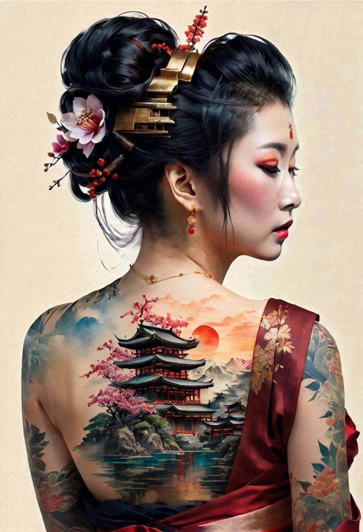 Tattooed woman with a flower in her hair and Japanese-inspired tattoo on her back.