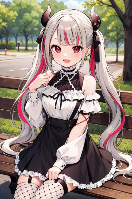 masterpiece, best quality, highres, hmnab, multicolored hair, hair bow, twintails, white shirt, black skirt, fishnets, suspender skirt, bare shoulders, earrings, puffy sleeves, <lora:naraka_v10:0.7>, cowboy shot, park, bench, smile, open, fang