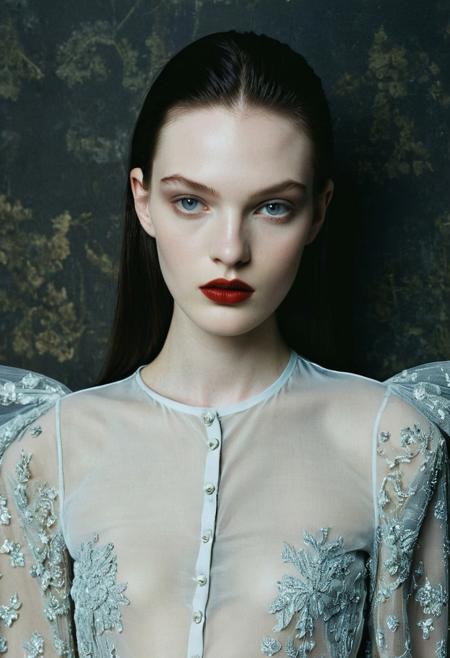 female vogue model 18yo with pale skin, sleek hair, strong make-up, pat mcgrath-style, wearing boris bidjan saberi, 1990s vogue-style, setting is an artsy, ad-magazine-style, style indoor environment dark and stunning, atmosphere is dim, dreamlike, dark ambiance.