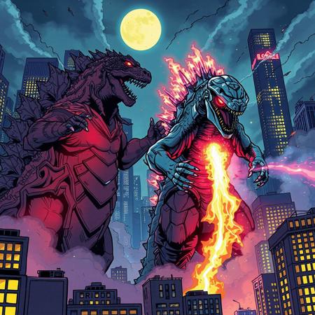 Manga style Godzilla fighting Space Godzilla in downtown Manhattan, with glowing red eyes and atomic breath