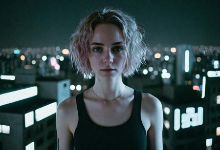 cyborg young woman, dark cyberpunk, highly detailed face, pale fragile delicate body, frizzy bob cut hair, (stylish haircut:0.9), wearing a tight stylish minimalistic futuristic open black hi-tech tactical techwear crop top with symmetrical cutouts, subtle cyberware, standing on a cyberpunk Japanes city rooftop at night, scenic view, cinematic scene, cinematic lighting, analog-style photo, grainy amateur lo-fi portrait photo, desaturated colors, (low contrast), distracted, b-cup breasts, eyeliner, (eyeshadow:1.1), shy, blushing, raw photo, phone photo, 3/4, (upper body portrait shot), medium shot, accidental art, candid, crisp image, high detail, (eyebags:0.7), chromatic aberration