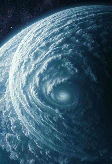 “A cinematic satellite view of an alien planet completely covered by massive, swirling thunderstorms. No land or water—only endless thick clouds, slow-moving tornadoes, and internal flashes of violet, deep blue, and white lightning. Above the storm, distant galaxies and nebulae glow faintly through the atmosphere. The camera pans slowly across the scene, emphasizing the constant motion and raw energy of the storm against the backdrop of infinite space. Mood: dramatic, cinematic, dreamlike.”