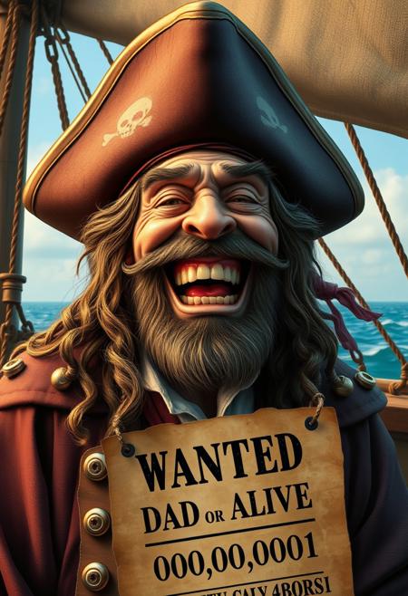 the pirate king laughed out loud, his teeth were crooked. to which he laughed with bubble text "HaHaHaHaHaHa AhAhAh". ugly face with a typical pirate hat, long curly hair, wrinkled face, pirate ship and its furniture, the crew also laughed. affixed with a wanted poster worth "dead or alive 000,000,0001"