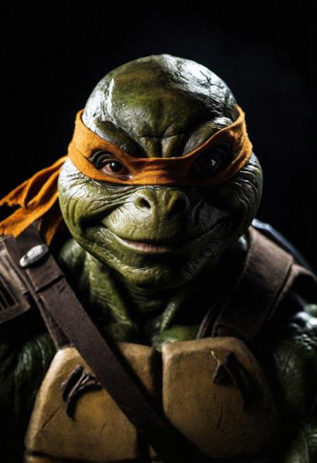 Close-up, (teenage mutant ninja turtles ), grim smile, relaxed pose, portrait movie shot, serious, menacing, chiaroscuro style photo, dark background, minimalism, dramatic lighting, professional quality, dull highlights and shadows, natural and   original, laser eyes