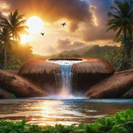 Dense water fall emerging from a giant  coconut shell cut , dense coconut farm background ,people collecting water from it, sun set,birds flying,clouds  (8k, RAW photo, best quality, Masterpiece: 1.2), (Hyperrealistic, Photo-realistic)