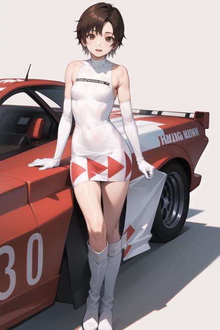 <lora:reiko-000030:1> reiko, brown eyes, white dress, short dress, race queen, elbow gloves, white footwear, knee boots,
small breasts,
racecar