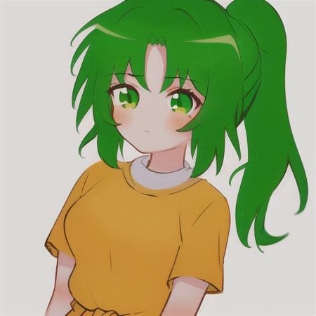 1girl, solo, sonozaki mion, azhiichigo style, focus on face, white background, <lora:AZHIICHIGO_V1-10:0.8>, big eyes, thick lines, cute,  ponytail, green hair, long hair, green eyes, (white clothes around waist), yellow shirt, blue pants, sweater, short sleeves,  <lora:SonozakiMion:0.7>