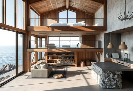 A wabi-sabi inspired single studio interior with the bed on a mezzanine and a public room and kitchen on the ground floor, set against serene seascapes. Designed by Dane Taylor Design, the space embraces simplicity, imperfection, and the use of natural materials such as weathered wood, stone, and raw metal. The design celebrates the beauty of asymmetry and the organic aging process of materials, creating a calm, serene atmosphere.
The open-plan layout allows the seascape to influence the interior, with large windows framing the ocean views and natural light enhancing the beauty of the materials. The light casts gentle shadows across the textured surfaces, emphasizing the imperfections that define the wabi-sabi aesthetic. Asymmetry in the architectural elements adds subtle interest without disrupting the minimalist layout, ensuring the space remains uncluttered and peaceful.
Architectural photography captures the harmonious relationship between the interior and the surrounding seascape, focusing on the interplay between the raw, natural materials and the tranquility of the ocean. The seamless transition between the mezzanine bedroom and the ground floor public spaces provides a clear division of function while maintaining a fluid, minimalist design. reflects the wabi-sabi philosophy of simplicity, imperfection, and natural beauty, creating a peaceful retreat connected to the sea.