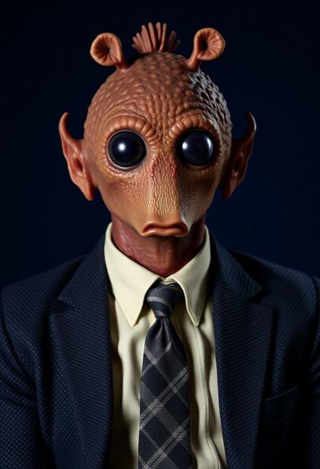 ​A studio shot hyper-realistic portrait of a Rodian alien. He is sat in a dark blue tweed country jacket, cream shirt and tartan tie against a dark blue backdrop. He looks directly toward the camera. Professional studio portrait photography with classic portrait lighting and shallow depth of field against a seamless backdrop.